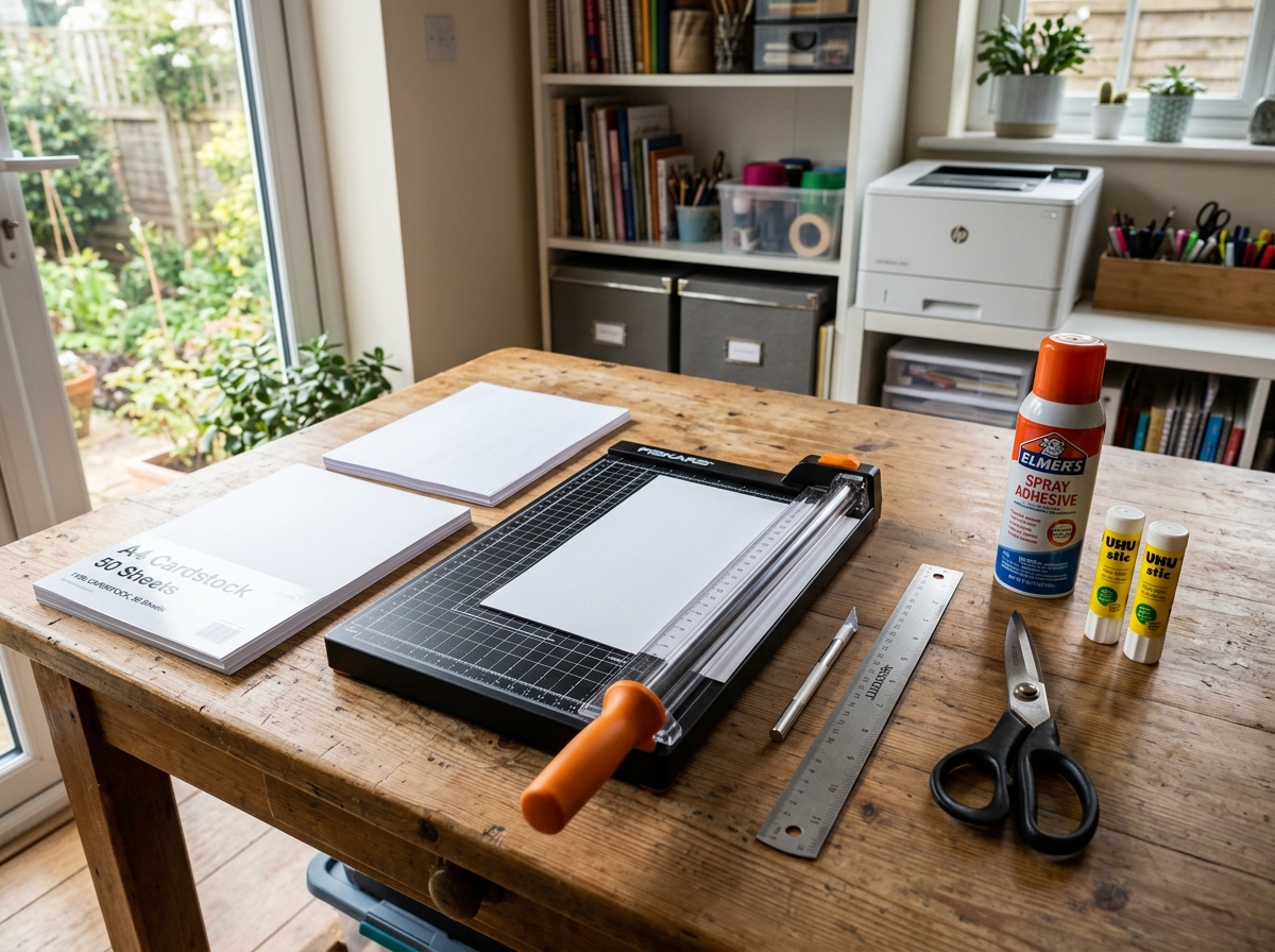 Essential crafting tools like scissors, glue, and cardstock for PnP games - print and play family