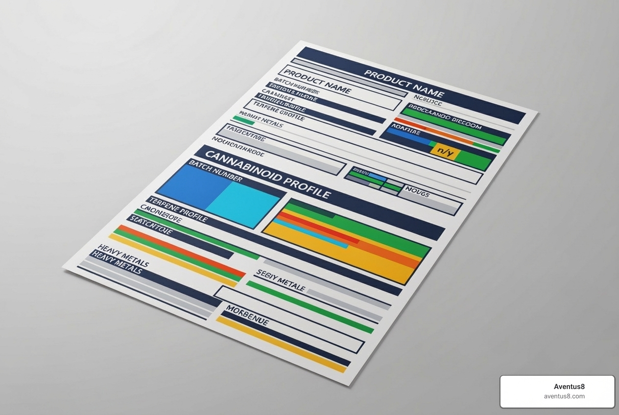 a sample Certificate of Analysis (COA) with key sections highlighted - THC disposable carts under $10