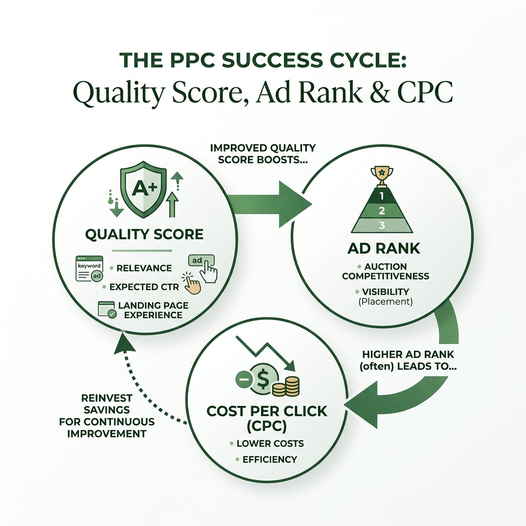 Infographic showing the relationship between Quality Score, Ad Rank, and Cost Per Click - google search campaign strategy