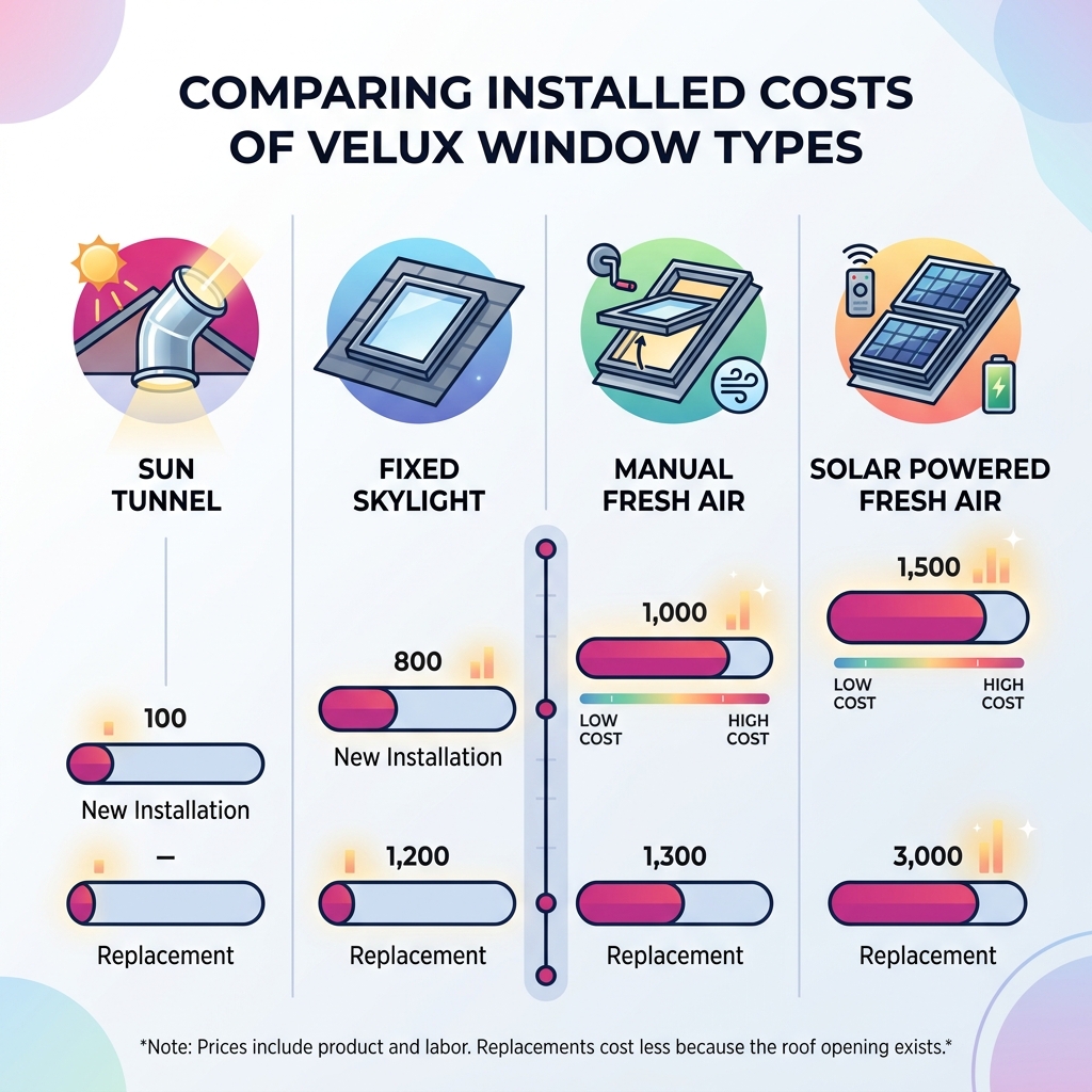 Infographic comparing installed costs of Fixed, Manual, Solar, and Sun Tunnel Velux window types - average cost to fit a