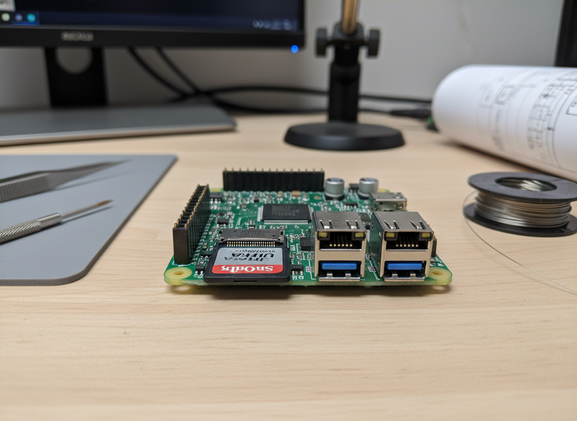 Raspberry Pi 4 board with a microSD card ready for OS installation - raspberry pi smart mirror project