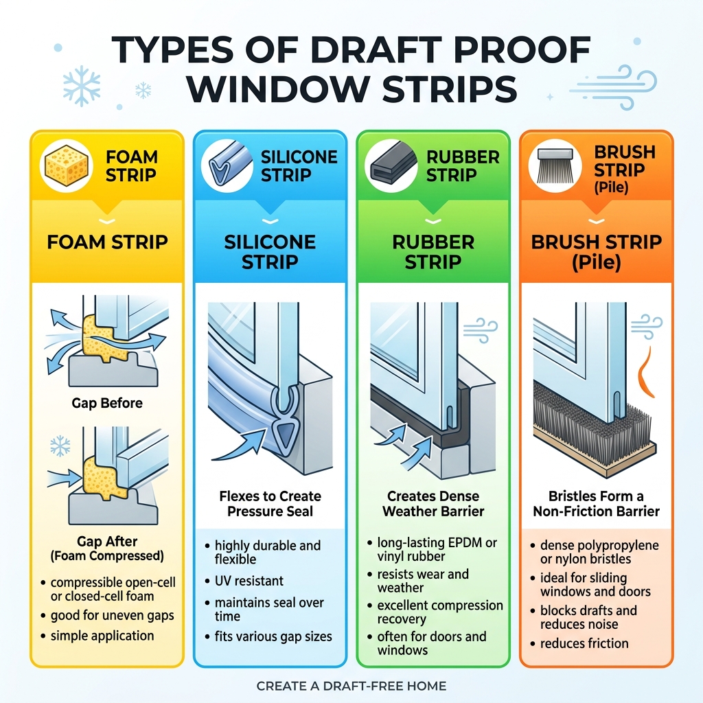 infographic showing types of draft proof window strips foam silicone rubber brush and how each seals a window gap - draft
