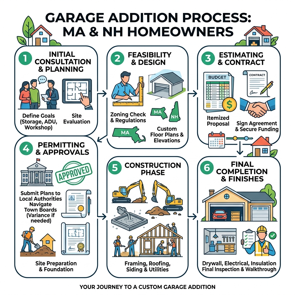 Step-by-step garage addition process infographic for MA and NH homeowners - Garage Additions - MA & NH infographic 