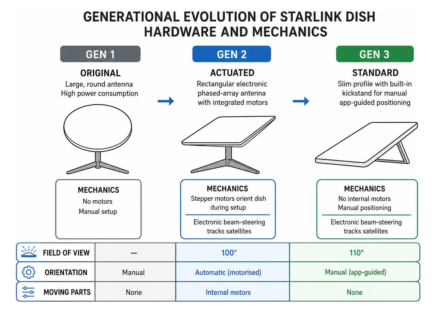 Generational evolution of Starlink dish hardware and mechanics Generational evolution of Starlink dish hardware and mechanics