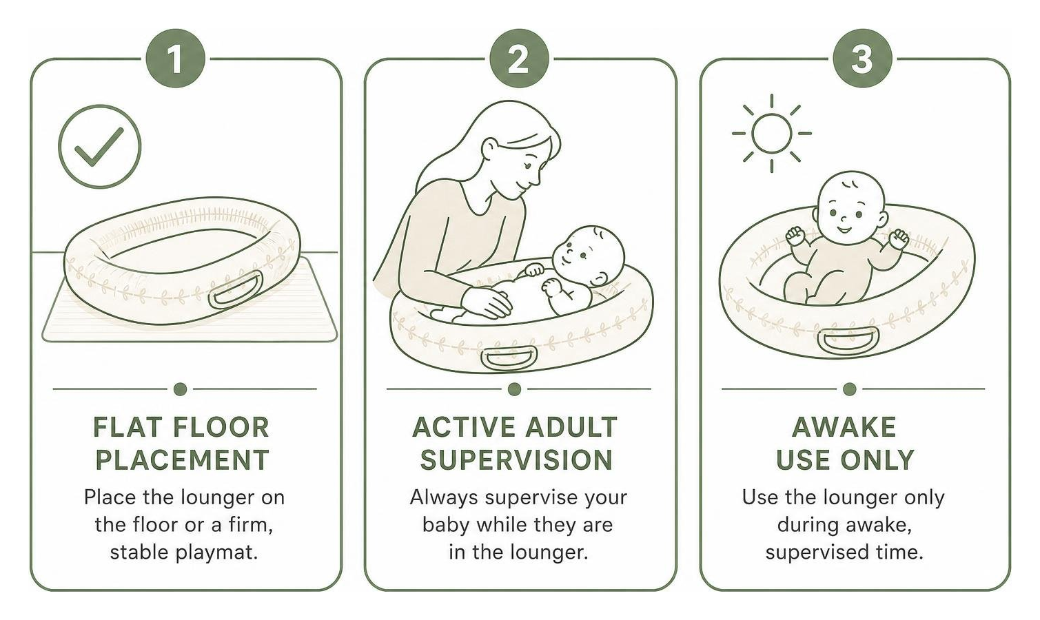 Safe lounger use: flat floor placement, active adult supervision, awake use only