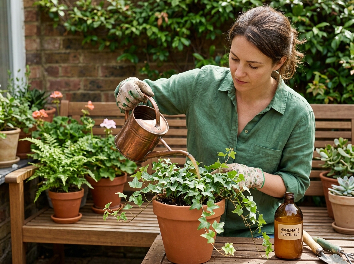 A person using a watering can to apply a homemade liquid fertilizer solution to a potted ivy - homemade fertilizer for