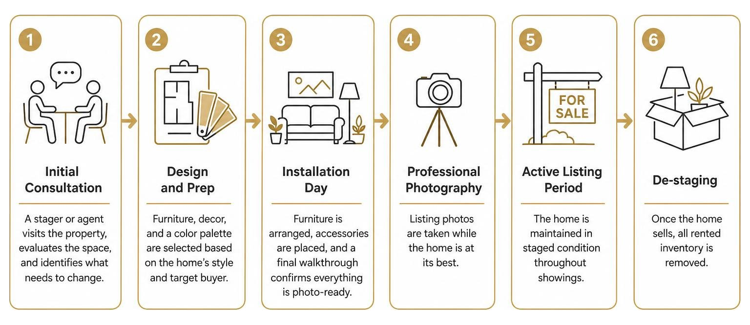 Step-by-step process diagram of home staging workflow