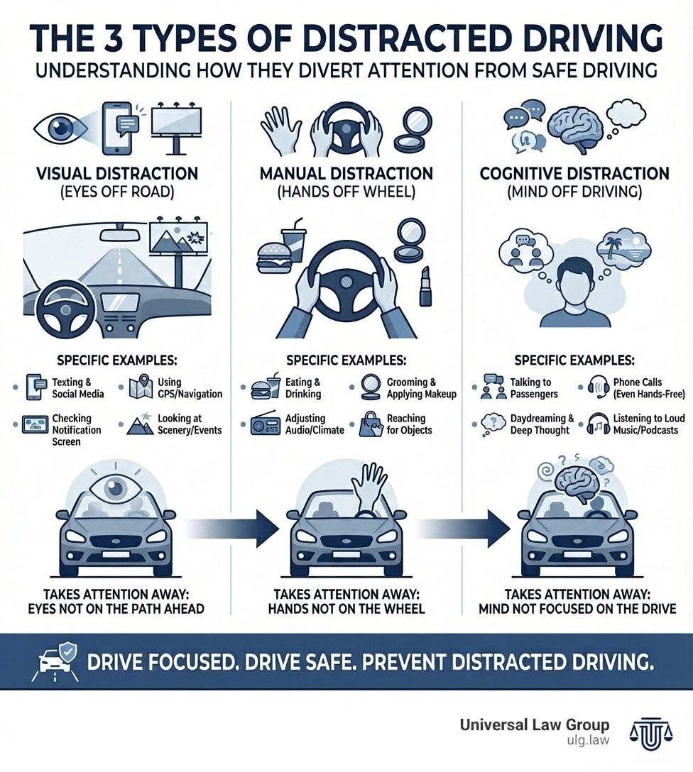 Infographic showing the three types of distracted driving: Visual distraction (eyes off the road) with icons of billboards and phones, Manual distraction (hands off the wheel) with icons of food and makeup, and Cognitive distraction (mind off driving) with icons of conversations and daydreaming. Each category includes specific examples and shows how they take attention away from safe driving. - how to prevent distracted driving infographic 