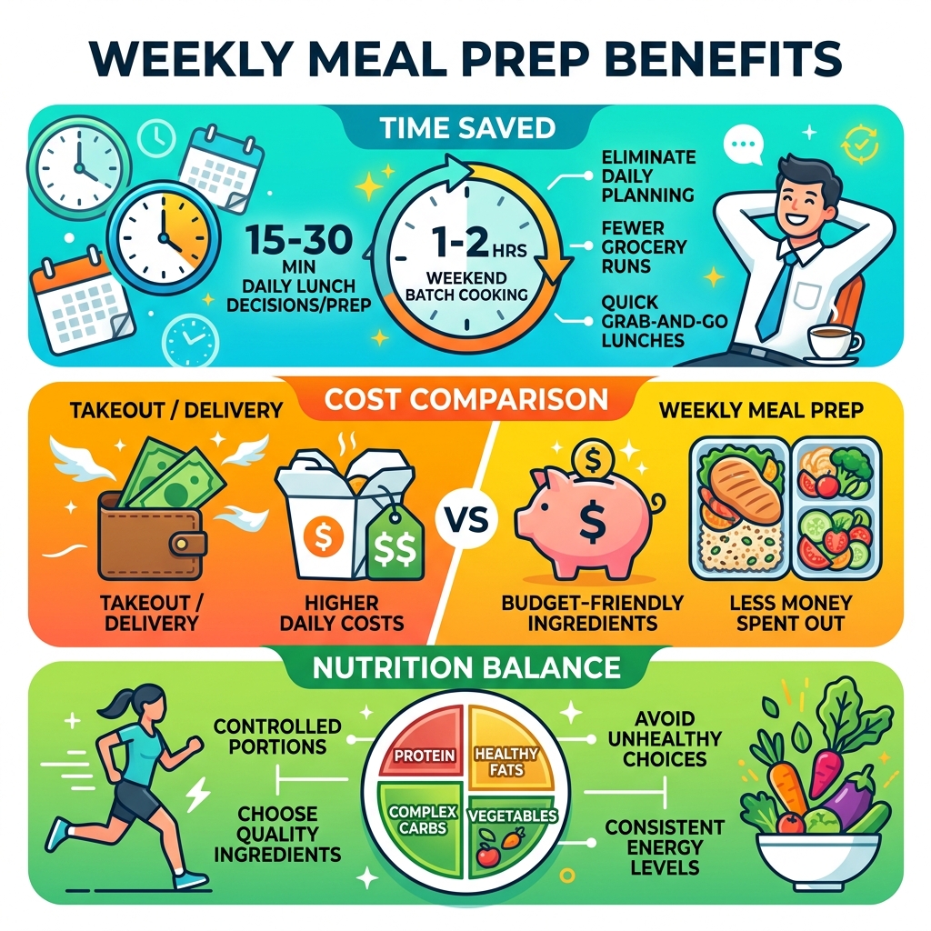 Weekly meal prep benefits infographic showing time saved, cost comparison, and nutrition balance - easy lunch ideas for work Weekly meal prep benefits infographic showing time saved, cost comparison, and nutrition balance - easy lunch ideas for work