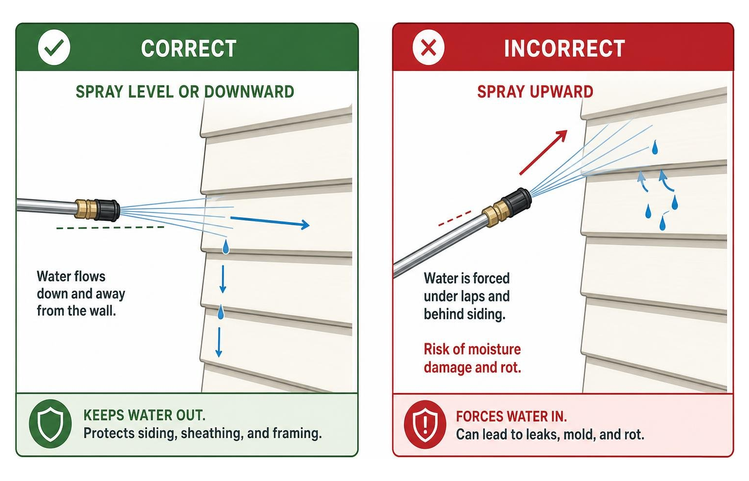 Correct vs incorrect spraying angles on siding laps