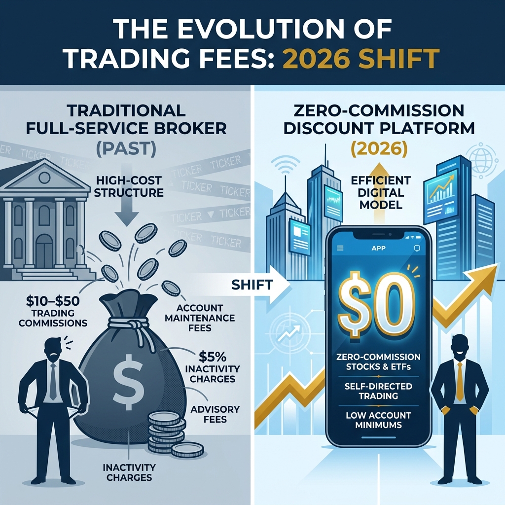 Infographic showing shift from full-service broker fees to zero-commission discount online trading platforms in 2026