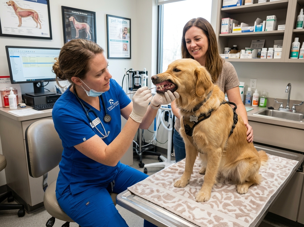 Professional veterinary dental examination showing a vet checking a dog's gums - natural plaque remover dogs