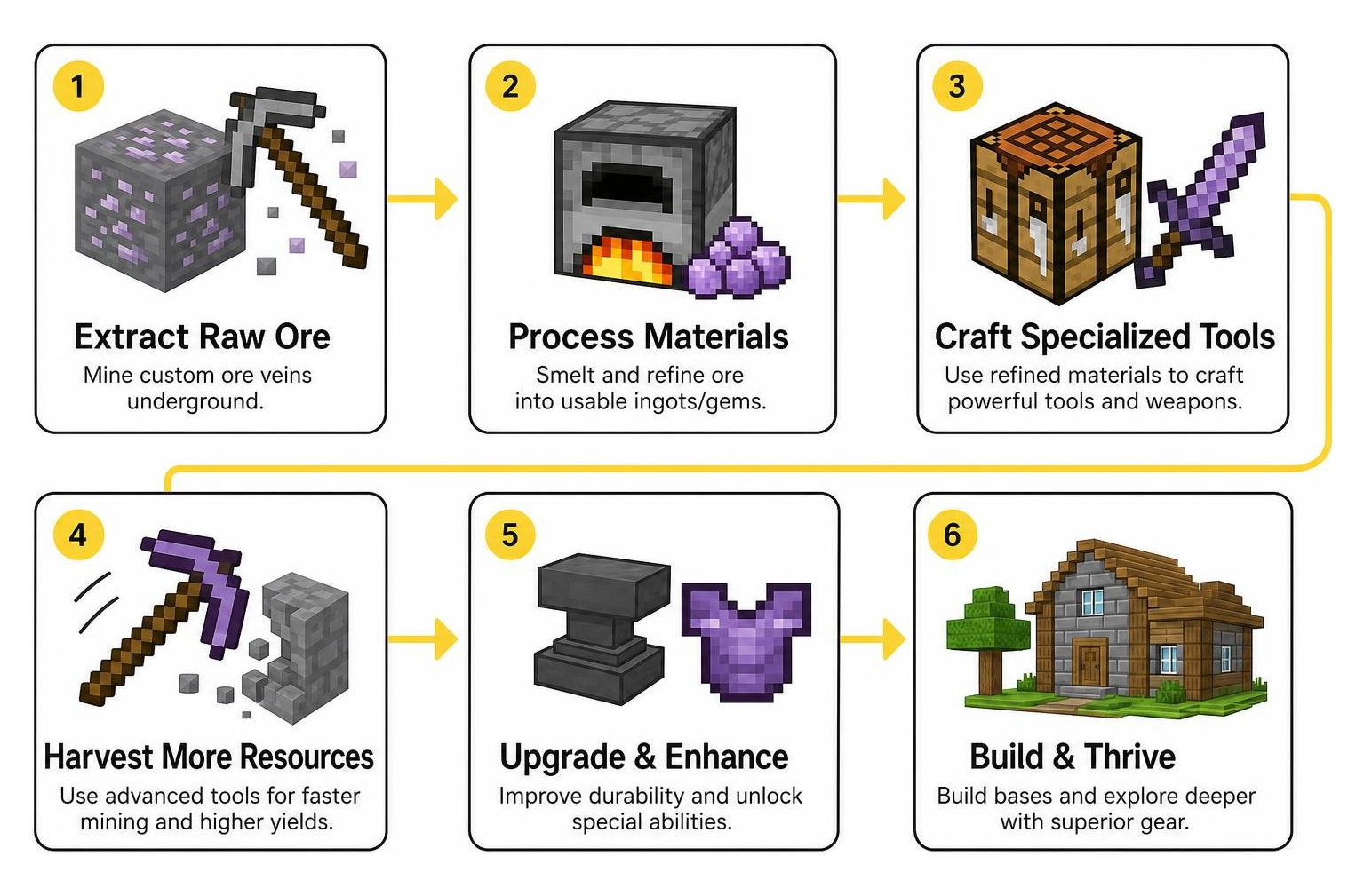 Workflow from raw ore extraction to crafting specialized tools and building Workflow from raw ore extraction to crafting specialized tools and building