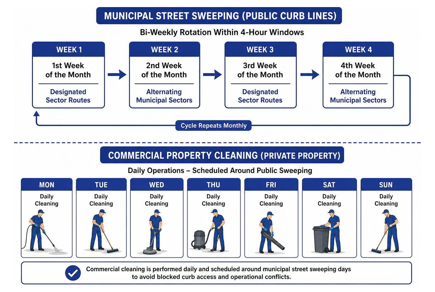 diagram of bi-weekly street sweeping cycles vs daily commercial property cleaning diagram of bi-weekly street sweeping cycles vs daily commercial property cleaning