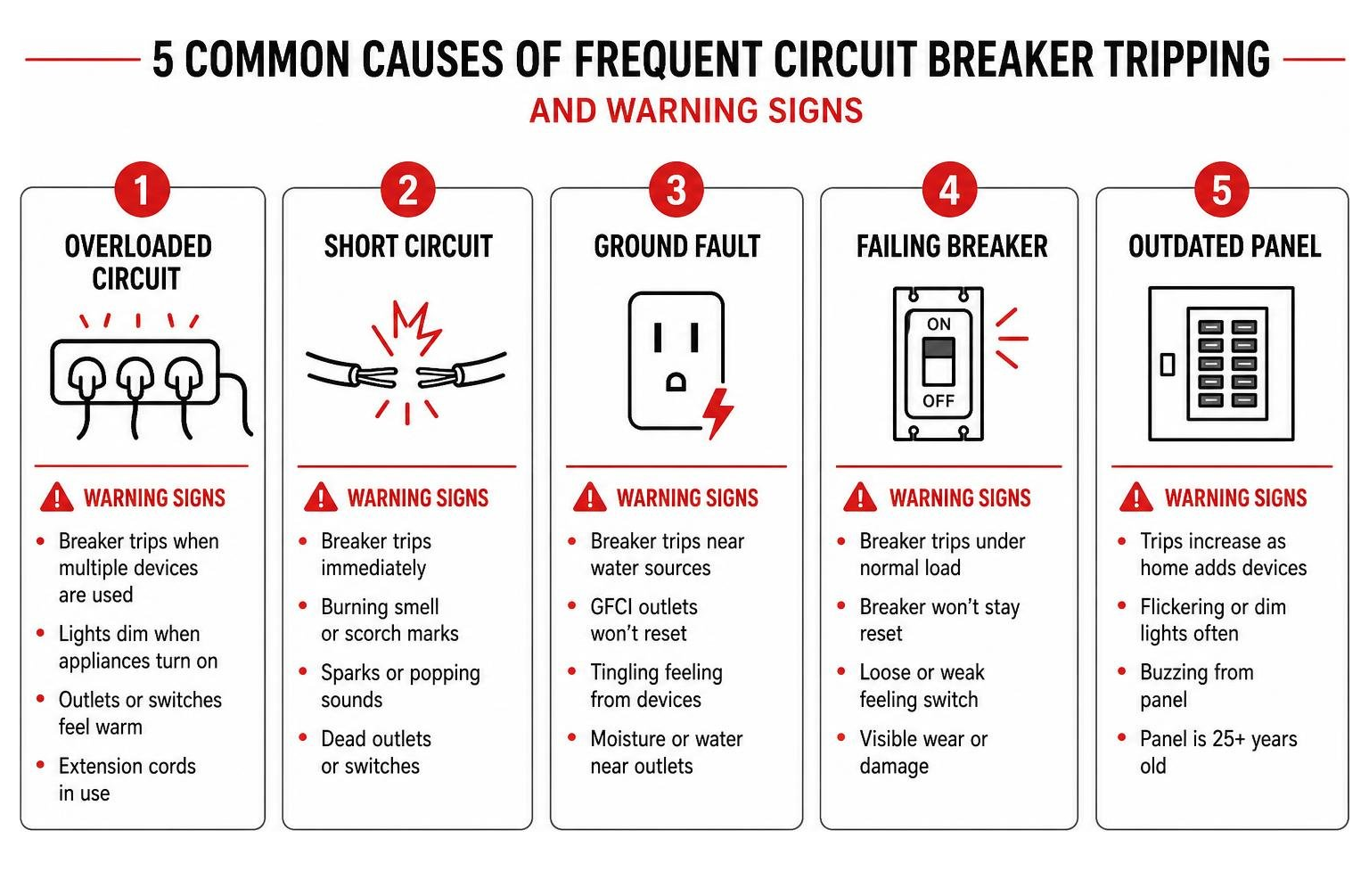 infographic showing five common causes of frequent circuit breaker tripping with warning signs for each infographic showing five common causes of frequent circuit breaker tripping with warning signs for each