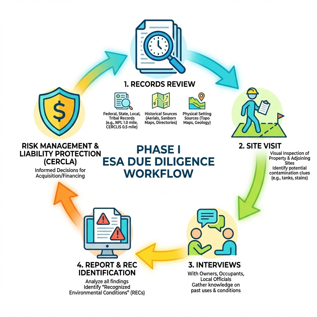 explaining the Phase I ESA due diligence workflow - who does phase 1 environmental site assessment infographic 