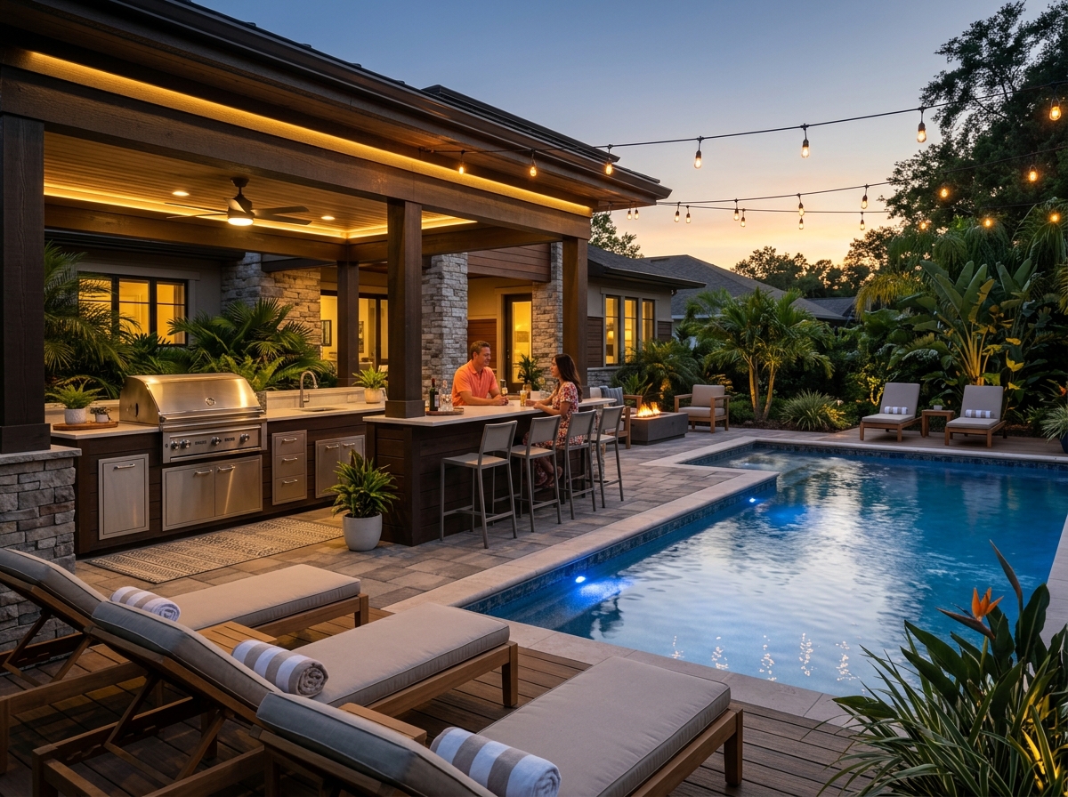 poolside kitchen with layered lighting - outdoor living spaces