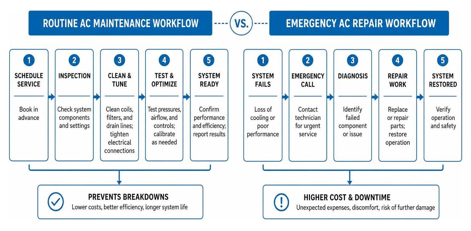 Diagram showing the process difference between routine AC maintenance and emergency repair workflow Diagram showing the process difference between routine AC maintenance and emergency repair workflow