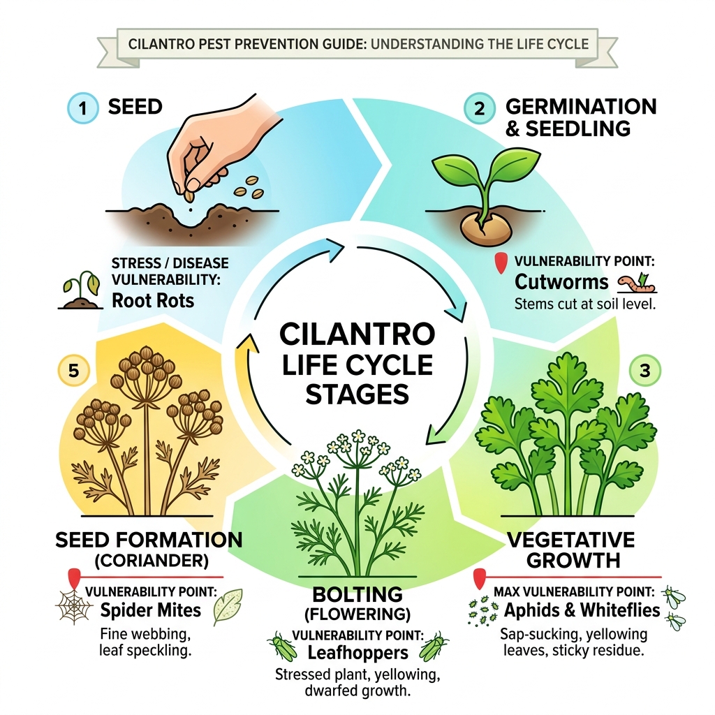 Cilantro life cycle stages and pest vulnerability points infographic - cilantro pest prevention guide infographic Cilantro life cycle stages and pest vulnerability points infographic - cilantro pest prevention guide infographic