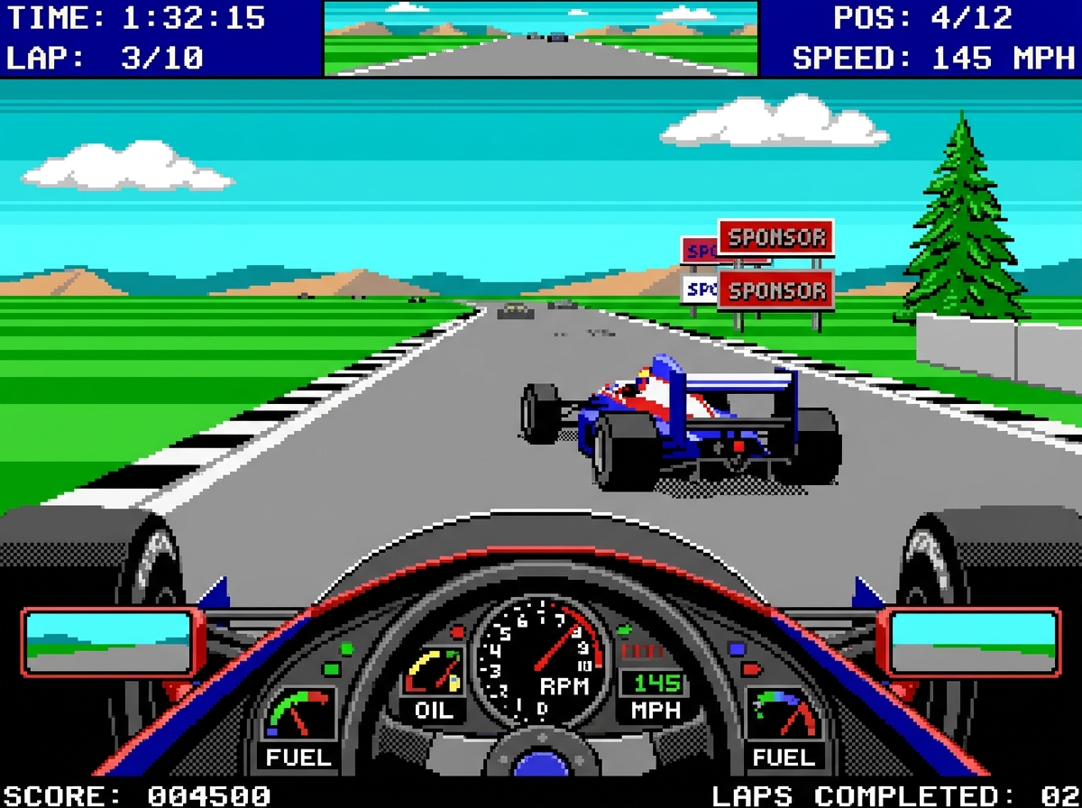Grand Prix Circuit gameplay showing 16-color EGA graphics and an F1 cockpit - classic racing games pc