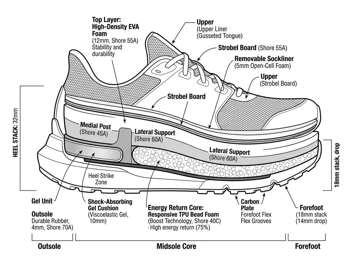 diagram showing shoe midsole construction and shock absorption layers - best shoes for standing in all day