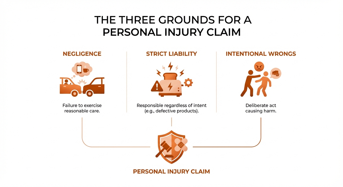 Infographic showing the three main grounds for a personal injury claim: Negligence, Strict Liability, and Intentional Wrongs - personal injury claim infographic
