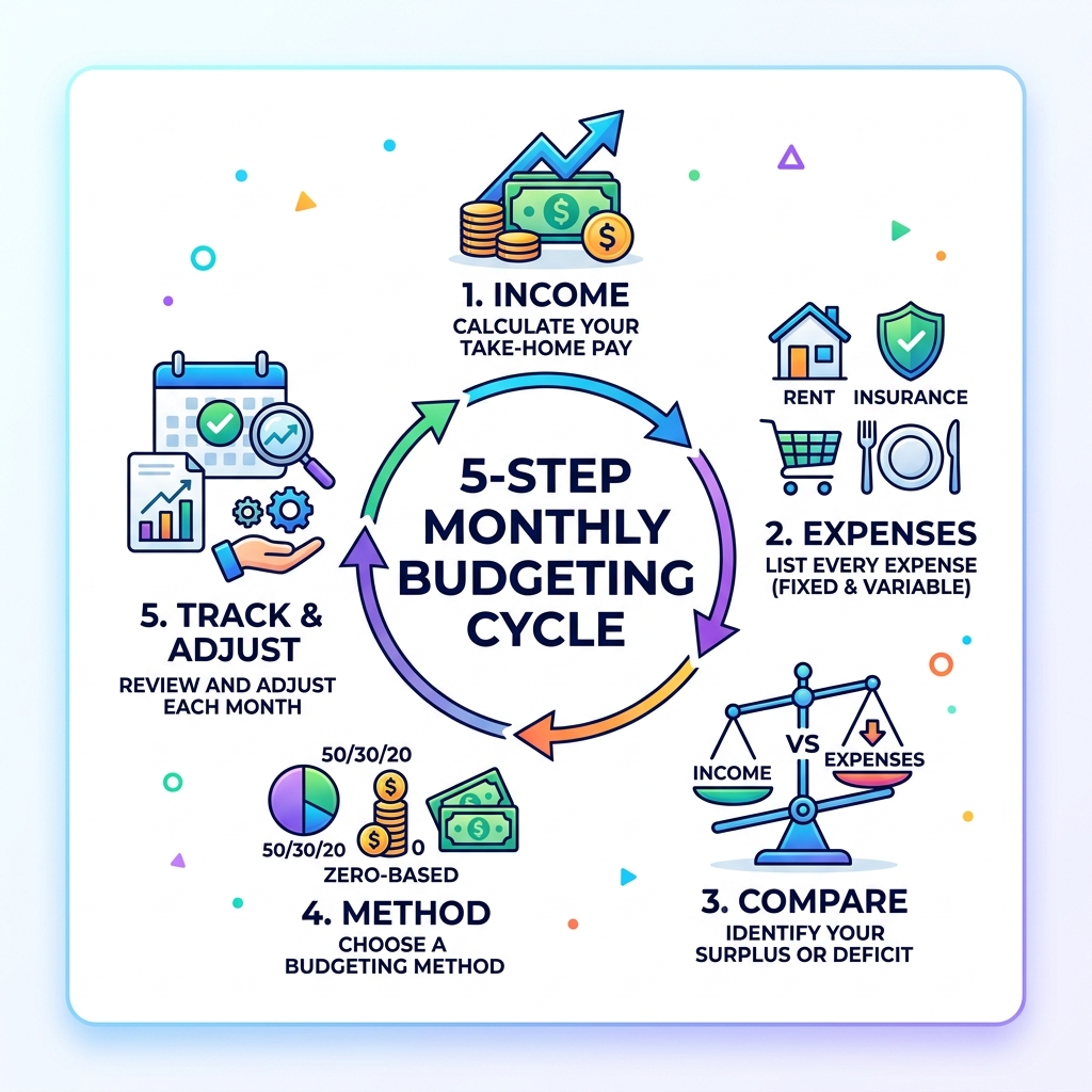 5-step monthly budgeting cycle: income, expenses, compare, method, track and adjust - manage monthly budget infographic 