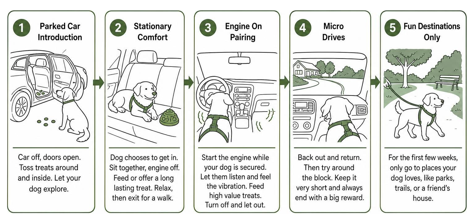 Diagram of the step by step desensitization process for dog car anxiety