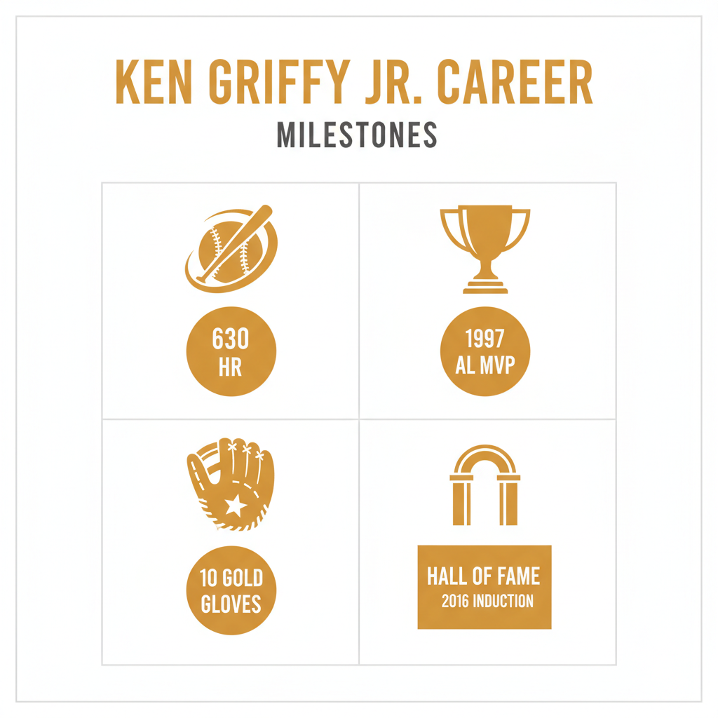 Ken Griffey Jr. career milestones infographic: 630 HR, 1997 AL MVP, 10 Gold Gloves, 2016 Hall of Fame induction - ken