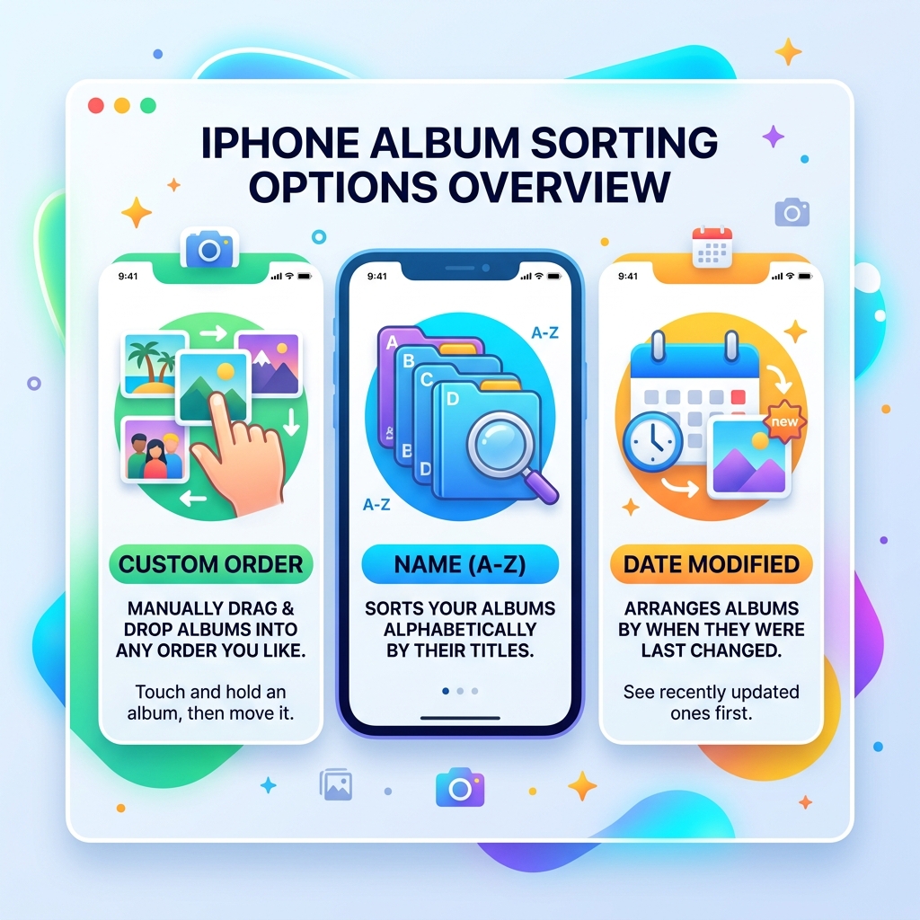 iPhone album sorting options overview - how to sort albums on iphone infographic 
