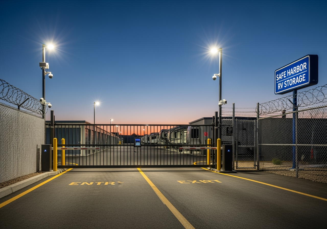Secure, well-lit storage facility entrance with a gate - RV storage options Secure, well-lit storage facility entrance with a gate - RV storage options