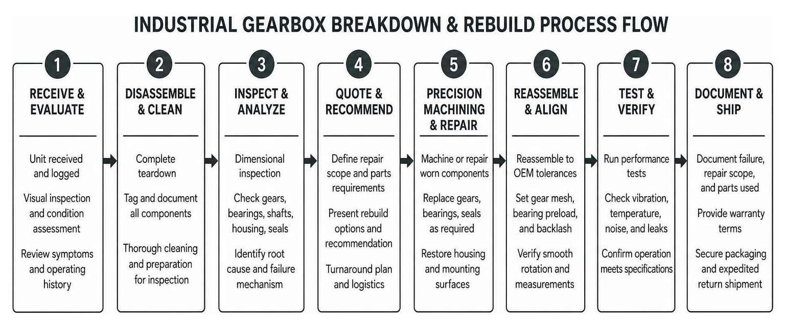 Industrial gearbox breakdown and rebuild process flow Industrial gearbox breakdown and rebuild process flow