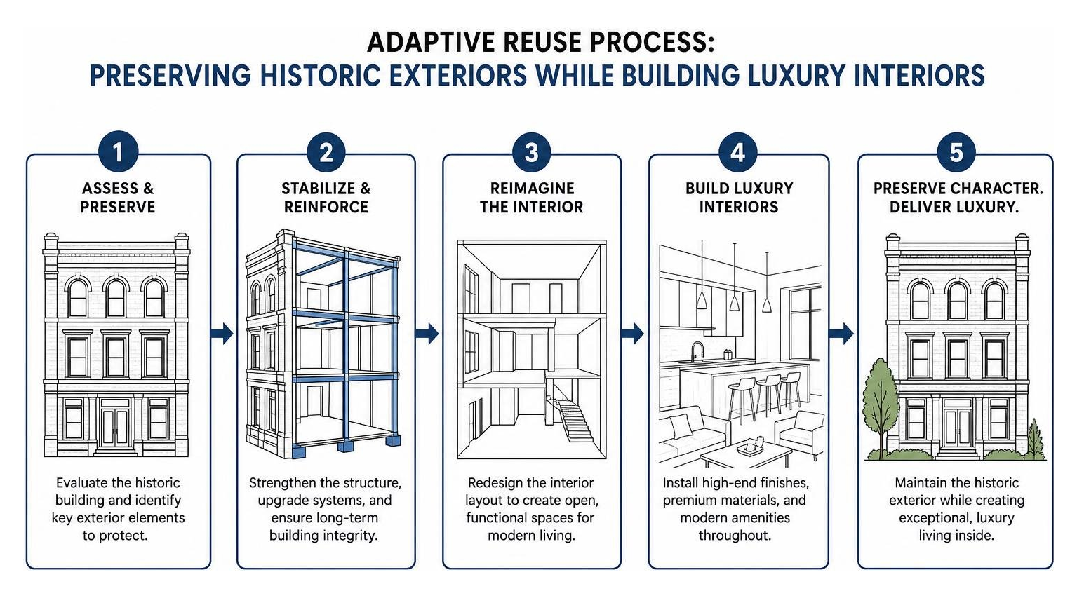 Adaptive reuse process: preserving historic exteriors while building luxury interiors