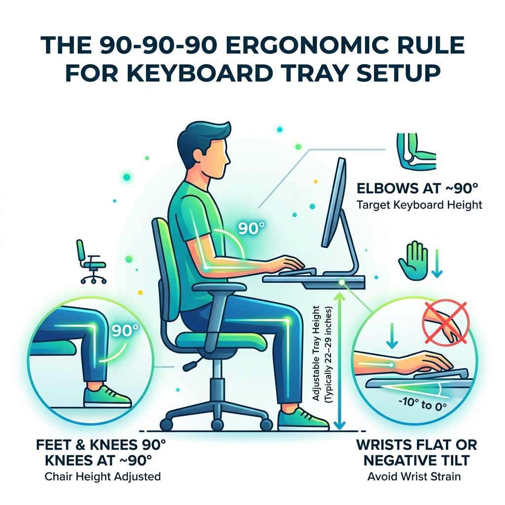 Infographic showing the 90-90-90 ergonomic rule for adjustable keyboard tray setup - adjustable keyboard tray setup Infographic showing the 90-90-90 ergonomic rule for adjustable keyboard tray setup - adjustable keyboard tray setup