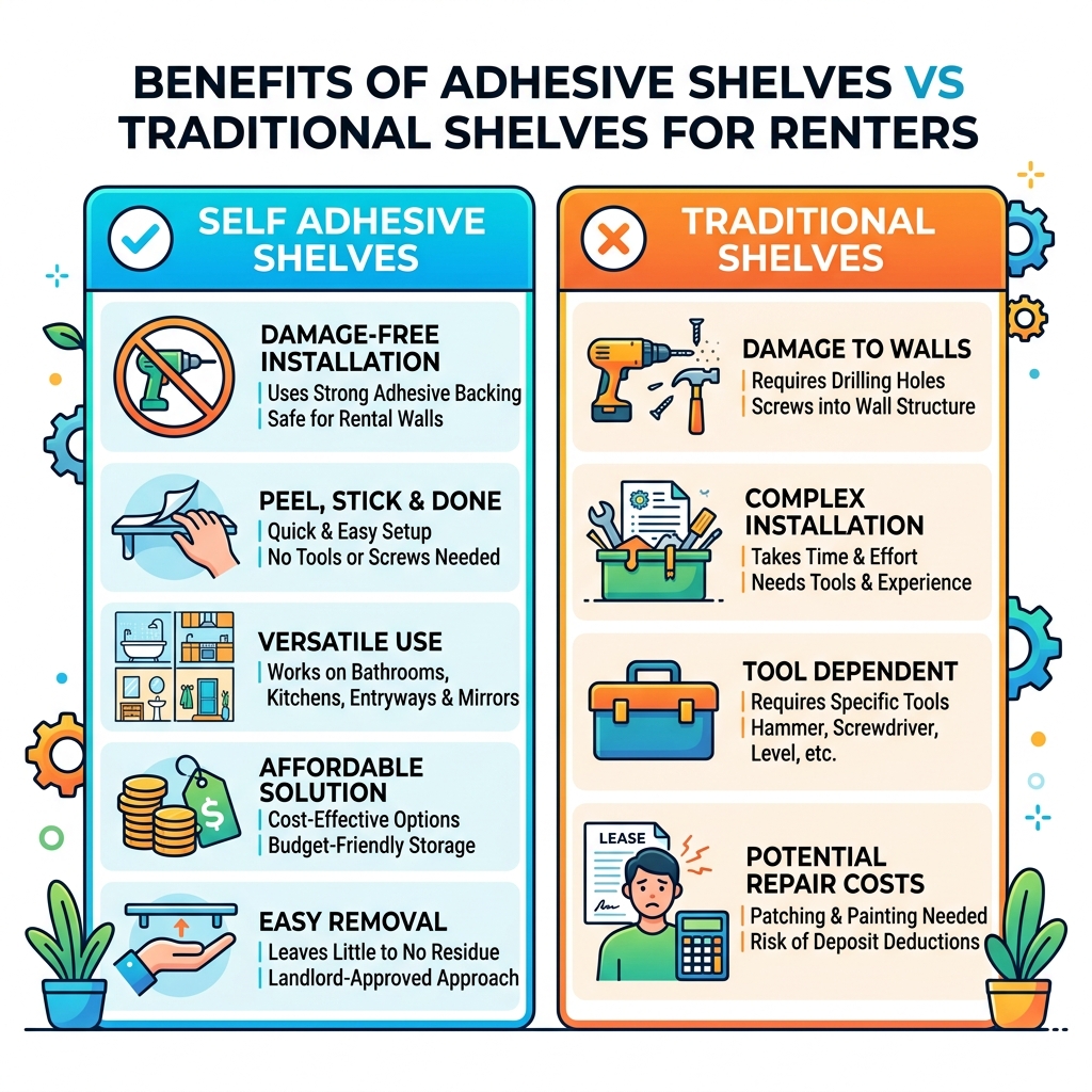 Benefits of adhesive shelves vs traditional shelves for renters infographic - self adhesive shelf infographic Benefits of adhesive shelves vs traditional shelves for renters infographic - self adhesive shelf infographic