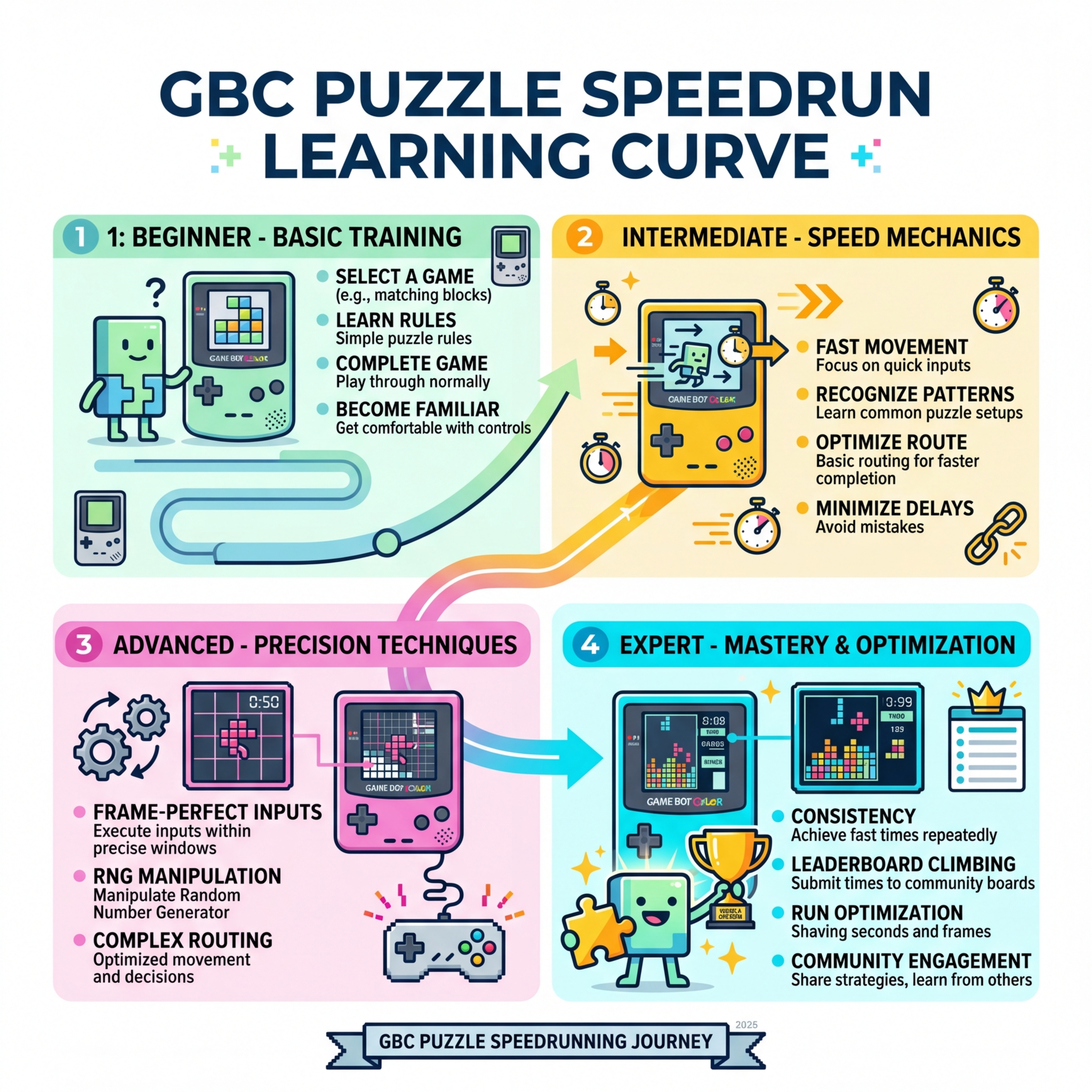 Speedrun learning curve infographic for GBC puzzle games showing beginner to advanced stages - gbc puzzle speedruns guide Speedrun learning curve infographic for GBC puzzle games showing beginner to advanced stages - gbc puzzle speedruns guide