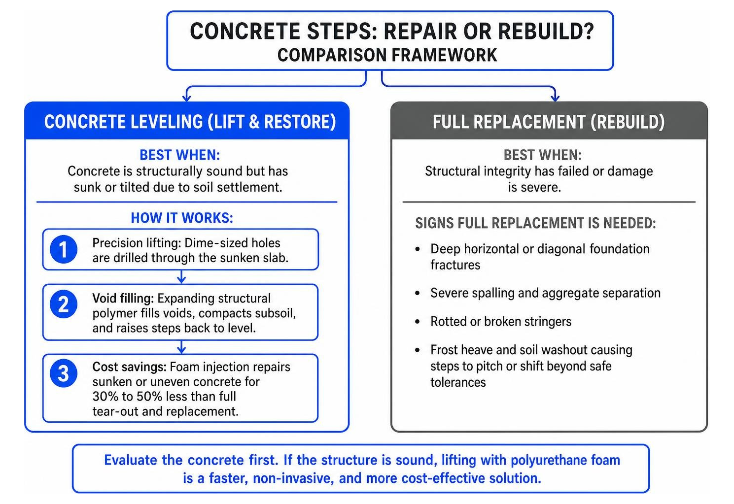 Comparison framework of concrete leveling versus full replacement Comparison framework of concrete leveling versus full replacement
