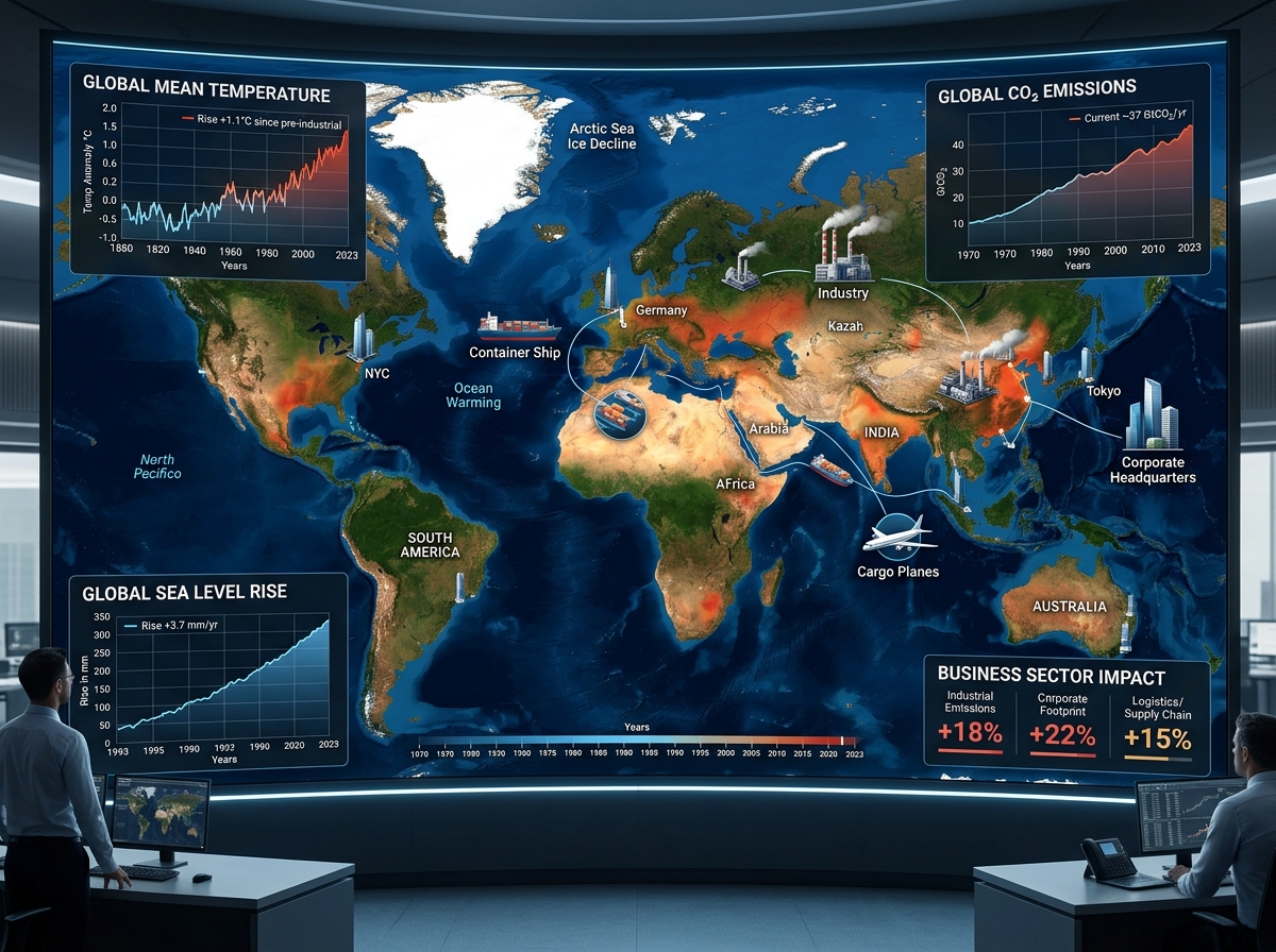 Global environmental data visualization showing climate trends and business impact - GEO for Business Global environmental data visualization showing climate trends and business impact - GEO for Business