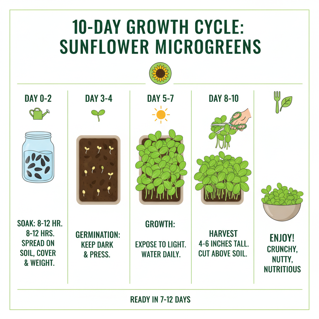 10-day growth cycle of sunflower black oil microgreens from seed to harvest infographic - sunflower black oil organic