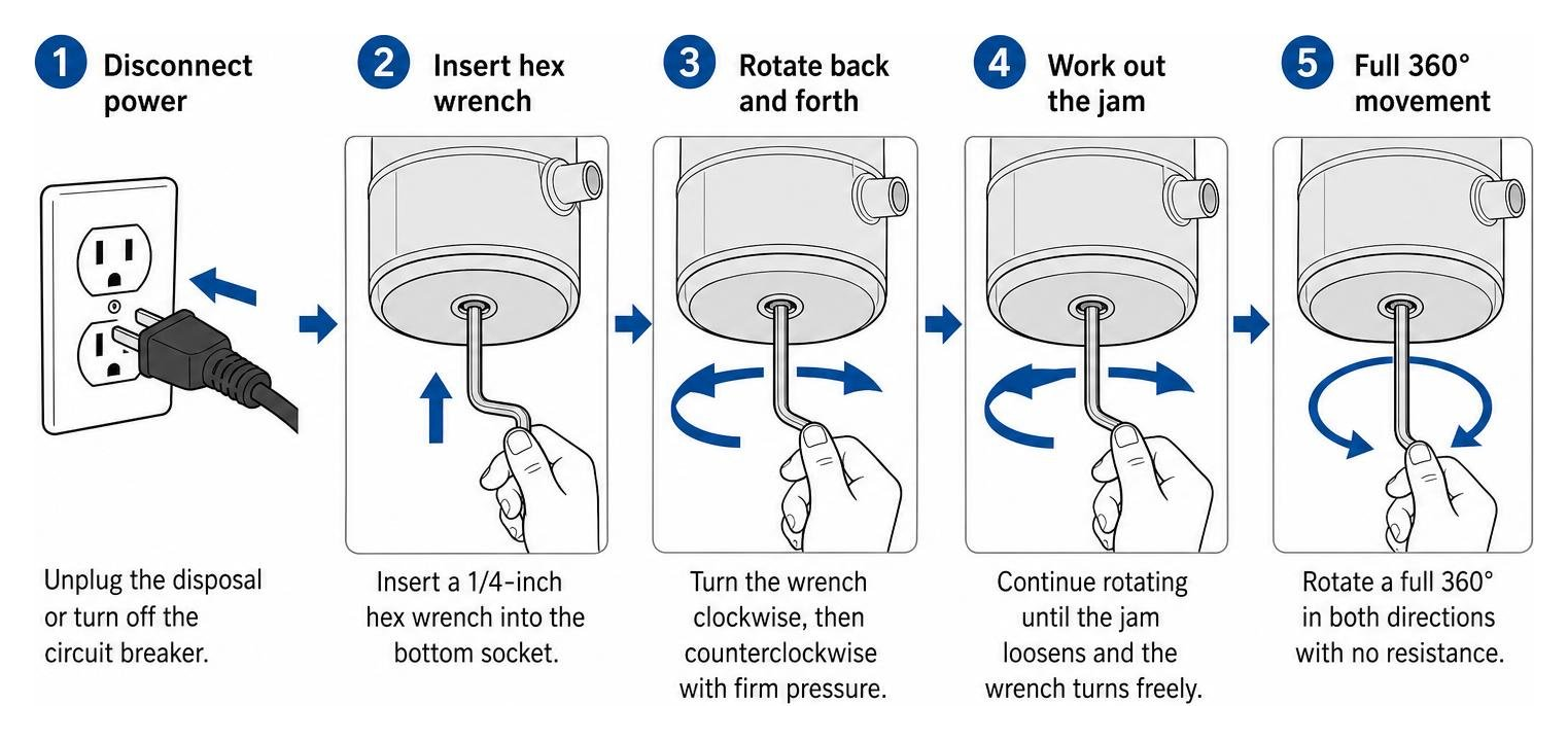 Diagram showing how to insert a hex wrench into the bottom of the garbage disposal and rotate it back and forth to clear a