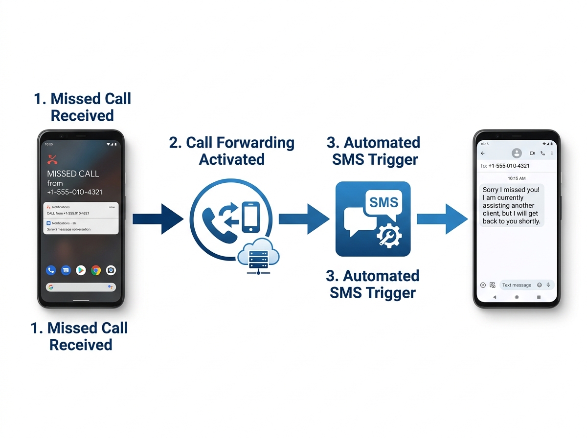 Technical workflow showing call forwarding to an automated SMS trigger - missed call text back