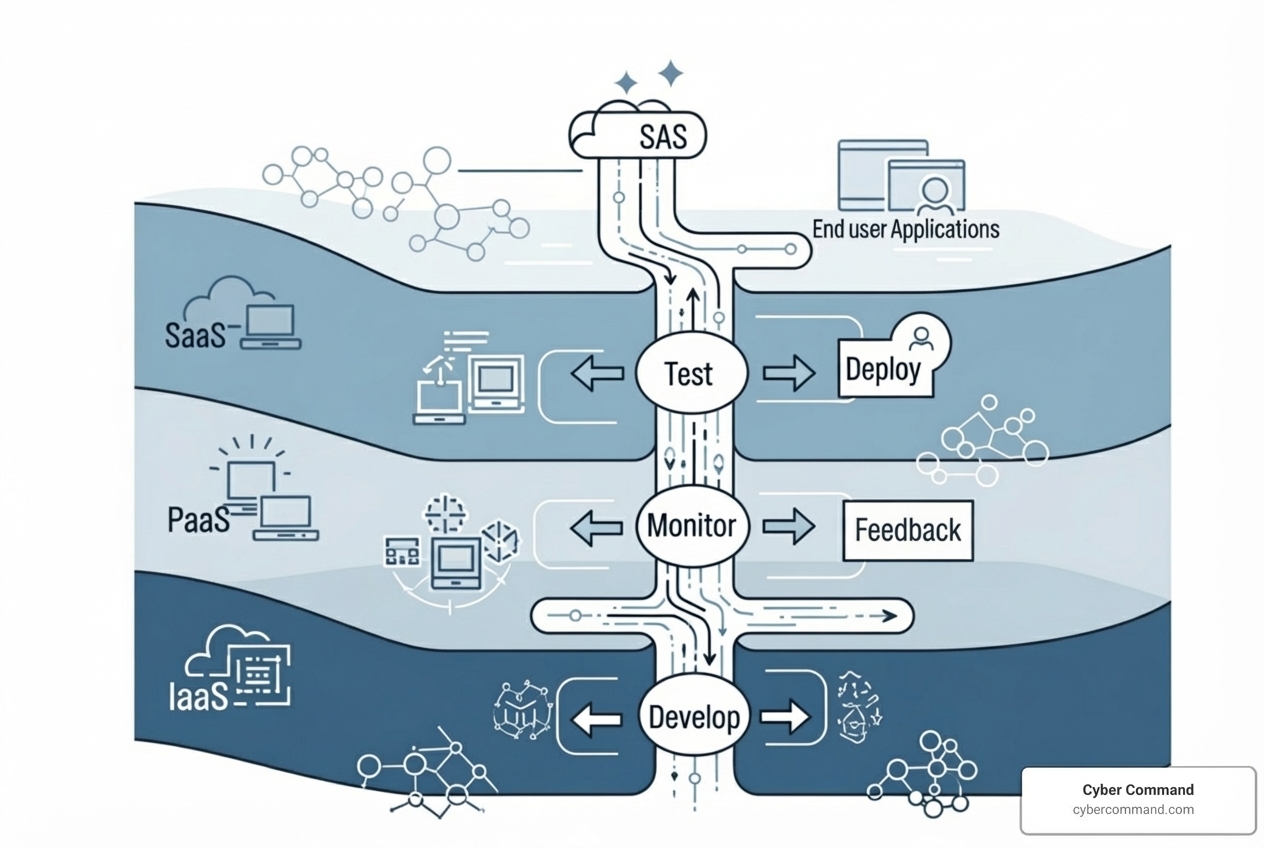 Diagram showing IaaS, PaaS, and SaaS layers supporting a DevOps pipeline with stages like Plan, Code, Build, Test, Deploy, Monitor - cloud computing devops