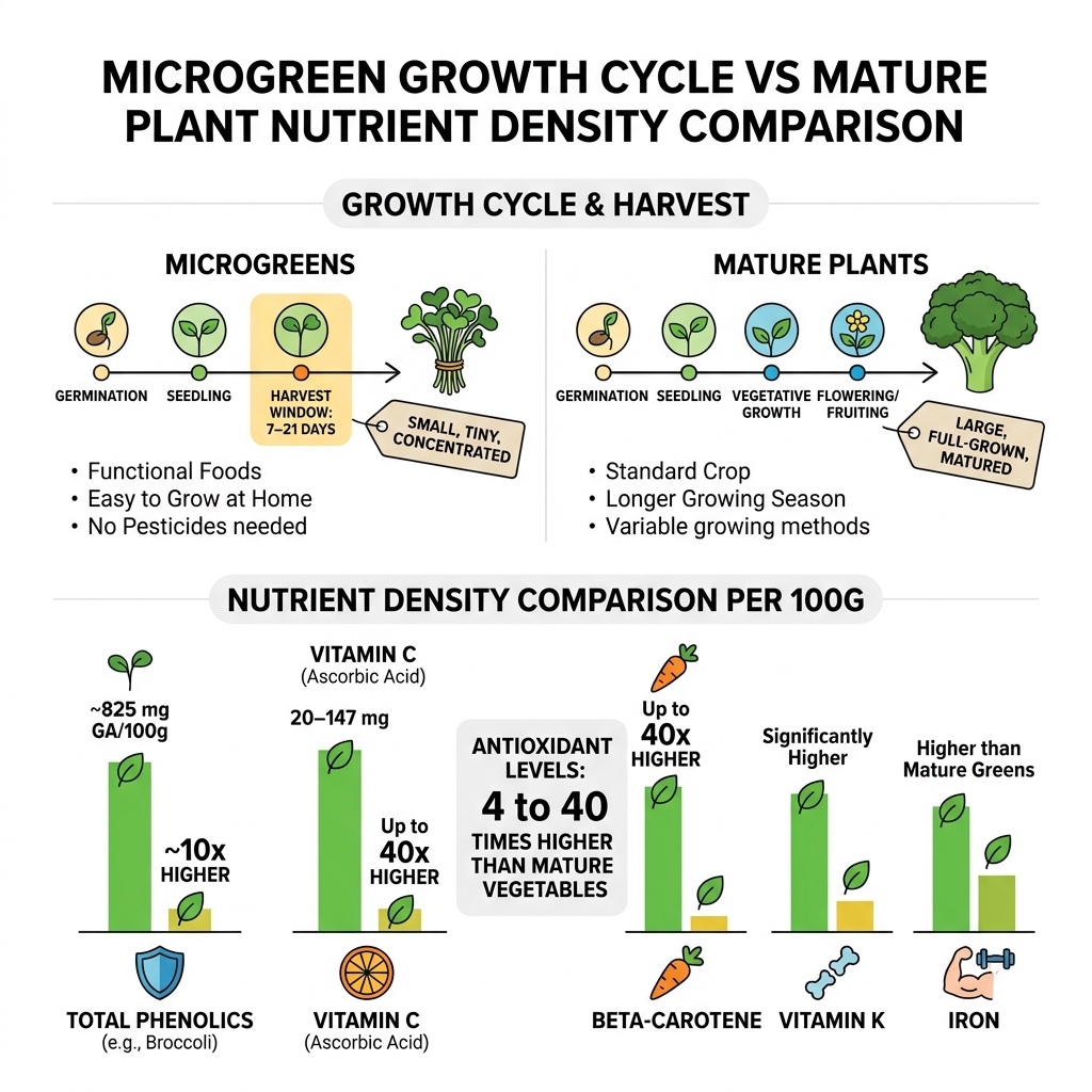 microgreen growth cycle vs mature plant nutrient density comparison infographic - micro greens nutritional information