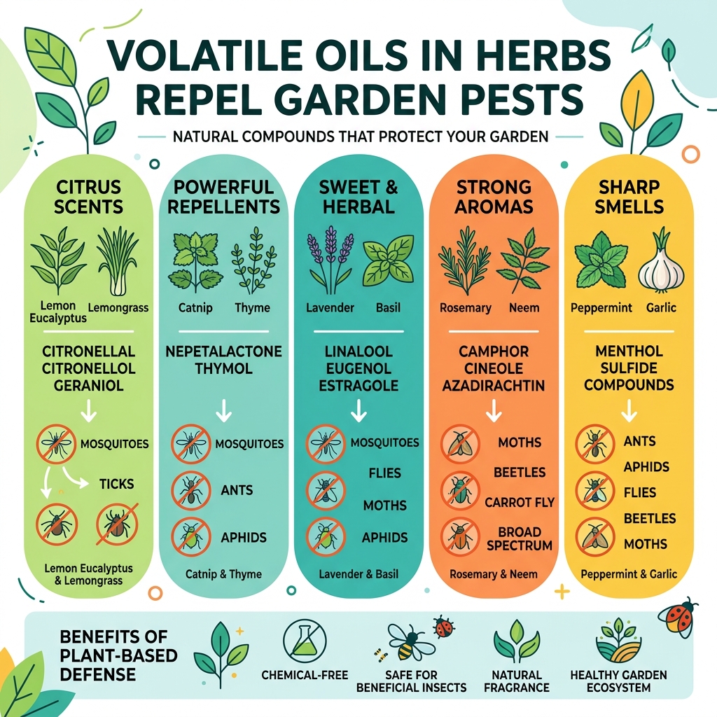 Infographic showing volatile oils in herbs and the common garden pests they repel - herbs for bug repellent infographic Infographic showing volatile oils in herbs and the common garden pests they repel - herbs for bug repellent infographic