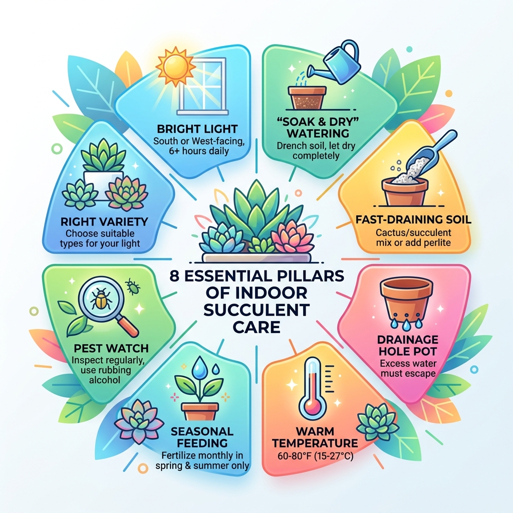 8 essential pillars of indoor succulent care infographic - how to keep succulents alive indoors infographic 