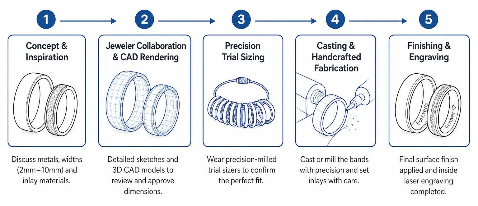 Sequence diagram illustrating the custom ring creation process from CAD to finished bands Sequence diagram illustrating the custom ring creation process from CAD to finished bands