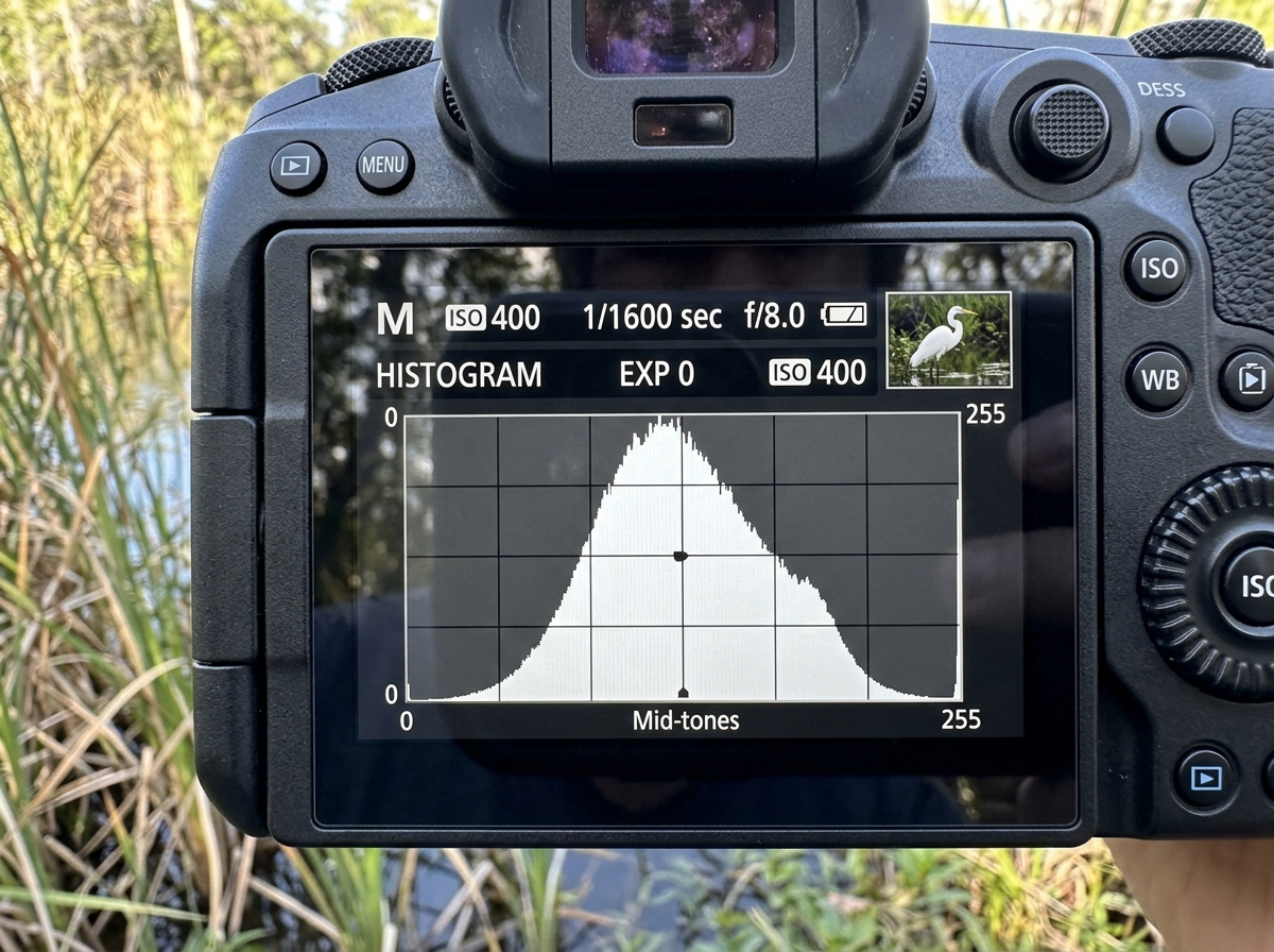 Histogram showing balanced exposure for a white egret with no clipped highlights - best camera settings for birding