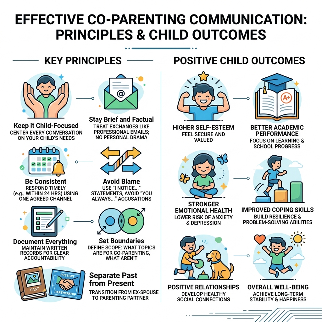 Key principles and child outcomes of effective co-parenting communication - co parenting communication infographic 