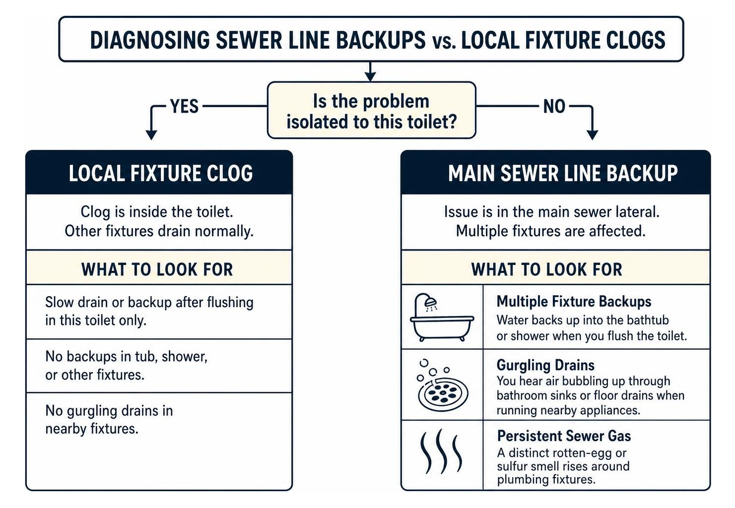 Diagram showing how to differentiate between local clogs and main sewer line blockages Diagram showing how to differentiate between local clogs and main sewer line blockages