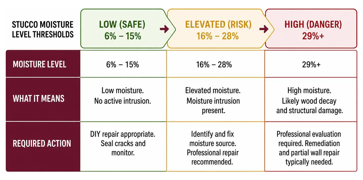 diagram showing stucco moisture level thresholds from low to high with required actions diagram showing stucco moisture level thresholds from low to high with required actions